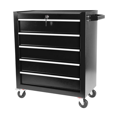Five Drawer Rolling Tool Chest On Wheels For Garage And Workshop Heavy Duty Steel Tool Cart With Lockable Drawers Tool Storage Cabinet Mobile Toolbox Organizer In Black Finish front view, black steel with lock and casters