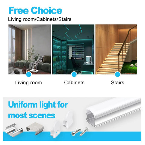 U Shape LED Channel For LED Strip Lights 3.3ft 1Meter Thick Milky Diffuser with indoor applications shown in different spaces
