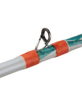 Close-up of 6 Foot Krazy Rec Spincast Combo with guide ring, aluminum handle, and Hi Viz orange accents on rod for freshwater fishing.