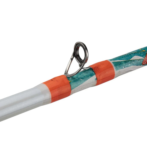 Close-up of 6 Foot Krazy Rec Spincast Combo with guide ring, aluminum handle, and Hi Viz orange accents on rod for freshwater fishing.