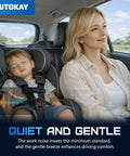 A woman and sleeping child in a car showcasing a quiet environment, emphasizing comfort and gentle breezes.