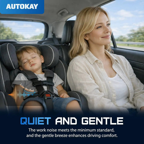 A woman and sleeping child in a car showcasing a quiet environment, emphasizing comfort and gentle breezes.