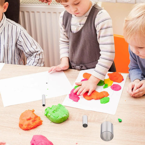 Children using Twenty Piece Circle Clay Cutter Set With Stainless Steel Ring Molds for clay and dough activities on table
