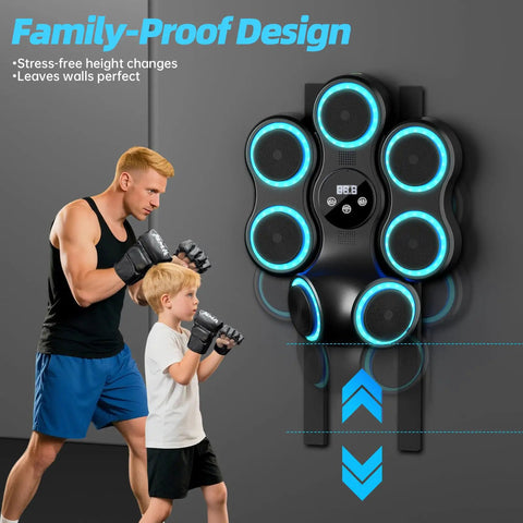 Father and son using Interactive Music Boxing Trainer For Adults And Kids, Wall Mounted Electronic Punching Target with Gloves