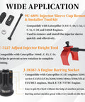 Image showing components of the Heavy Duty Injector Sleeve Removal and Installer Kit With Timing Pin and Injector Height Tool Plus Engine Barring Socket For CAT Caterpillar 3406E C15 C16 Diesel Engines Built Tough, including injector sleeve remover, height tool, and barring socket.
