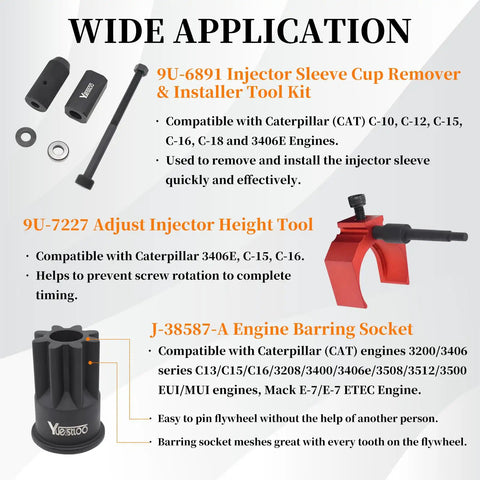 Image showing components of the Heavy Duty Injector Sleeve Removal and Installer Kit With Timing Pin and Injector Height Tool Plus Engine Barring Socket For CAT Caterpillar 3406E C15 C16 Diesel Engines Built Tough, including injector sleeve remover, height tool, and barring socket.