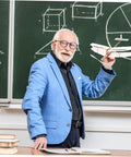 Man in blue blazer holding model plane near chalkboard with geometric drawings, showcasing 5 Piece RC Airplane Propeller Blades Rad High Performance Rubber Band Powered Gear for Model Planes Easy Install for Aircraft Gliders and Remote Control Planes Compatible with Various RC Aircraft.
