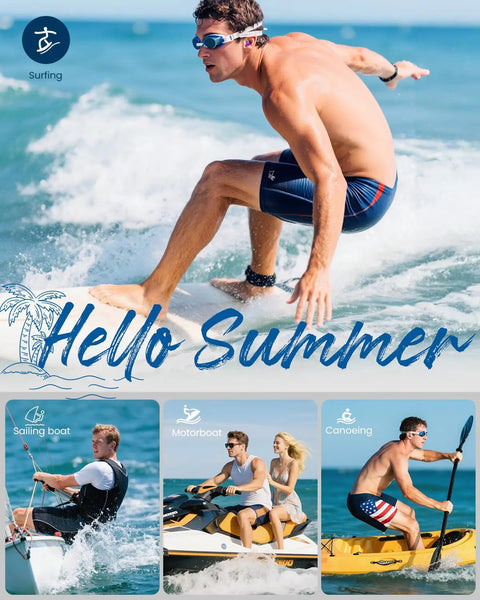 Man surfing on ocean wave with 'Hello Summer' text and photos of people boating and canoeing.