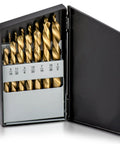 Left Hand Drill Bit Set With Titanium Nitride Coating For High Speed Steel Reverse Twist Bits In SAE Sizes 15 Piece Kit Featuring A 135 Degree Split Point For Precise Self Centering And Faster Cutting shown in open case