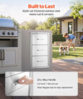 Outdoor Kitchen Drawers With Paper Towel Holder Stainless Steel Double Access Drawers For BBQ Island Or Grill Station 17W X 30H X 21D Weatherproof Outdoor Cabinets Easy Assembly installed next to grill in backyard.