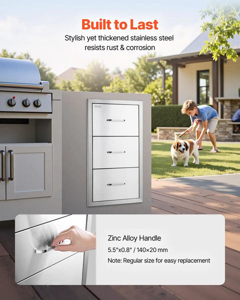 Outdoor Kitchen Drawers With Paper Towel Holder Stainless Steel Double Access Drawers For BBQ Island Or Grill Station 17W X 30H X 21D Weatherproof Outdoor Cabinets Easy Assembly installed next to grill in backyard.