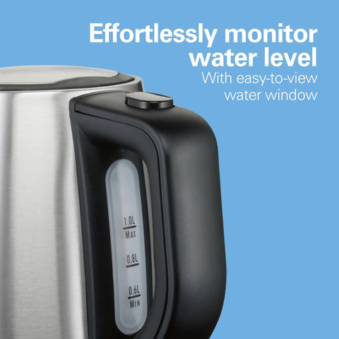 Electric Tea Kettle Cordless 1 L Water Boiler And Heater With Auto Shutoff And Boil Dry Protection Stainless Steel Fast Boil For Dorms Offices Home Kitchen Safe Easy Pouring, showing water level window.