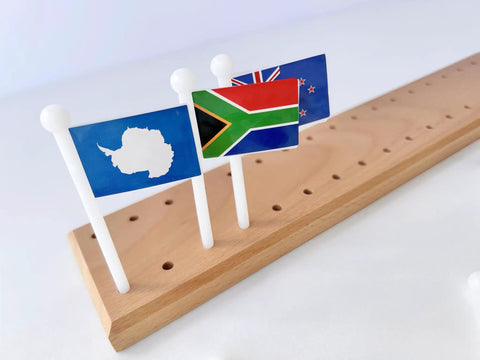 Montessori World Flags Set With 22 Inch Wooden Map And 36 Country Flags On Solid Beechwood for kids, showing flag holders