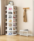 7 Tier Rotating Shoe Rack With 360 Degree Spin in white, holds 28-32 pairs, Lazy Susan style in a bedroom corner beside a window