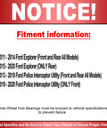 Fitment information for Front Or Rear Wheel Hub And Bearing Assembly Fits Ford Explorer 2011 2019 And Ford Police Interceptor Utility 2013 2019