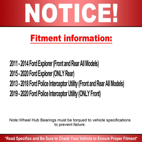 Fitment information for Front Or Rear Wheel Hub And Bearing Assembly Fits Ford Explorer 2011 2019 And Ford Police Interceptor Utility 2013 2019