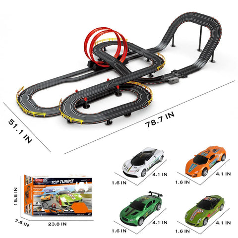 Electric Slot Car Race Track Set With Four Cars No Wires Plug And Play Speedway Dual Controllers Lights And Sounds Super Loop Speedway for fast fun