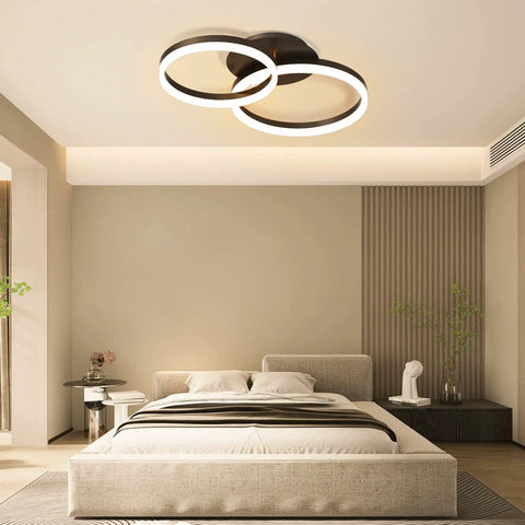 Modern 2 Ring LED Flush Mount Ceiling Light With 40W Power, Adjustable Color Temperature 3000K 4000K 6500K, sleek black finish in bedroom