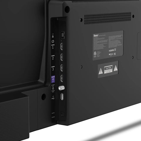 Close-up view of ports on the back of a 55 Inch QLED Smart TV With Sharp 4K Resolution And Rich HDR10 Colors Plus Slick Built In Apps.