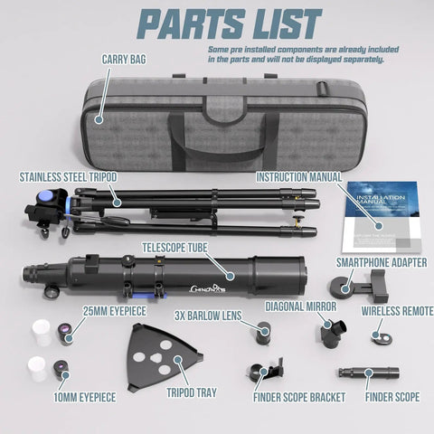 High Powered 90mm Refractor Telescope With 800mm Focal Length On Simple AZ Mount parts list, including carry bag and accessories.