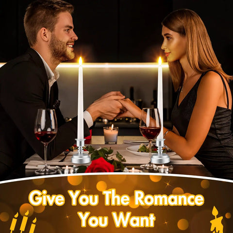 Couple dining with 24 Pack Flameless Taper Candles With Remote And Timer, Flickering 3D Flame LED Tapers, silver bases in holders.