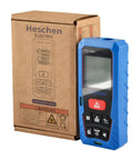 Boss Laser Distance Meter Measures 60m For Fast Jobs Without Stress, blue handheld device with buttons and backlit screen next to box.