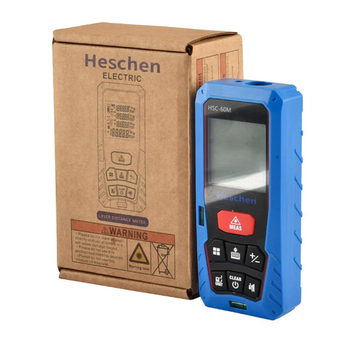 Boss Laser Distance Meter Measures 60m For Fast Jobs Without Stress, blue handheld device with buttons and backlit screen next to box.