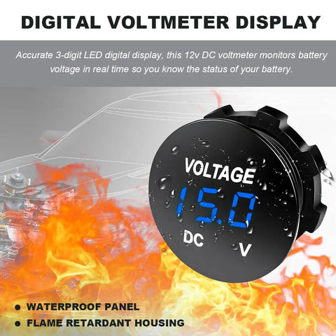 12V 24V DC Volt Meter Gauge With LED Digital Display Waterproof Round Panel Voltage Meter Mini Volt Tester And Battery Monitor Indicator For Car Truck Marine Boat Blue, 3-digit blue display