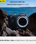 Micro 3.0 Pro 3000 Color Boost Underwater Camera on rocks by sea, 16MP Sensor, 4K Ultra HD 30fps, rugged design