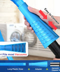 Two Piece Dryer Vent Cleaner Kit With Lint Vacuum Attachment and Lint Remover Brush shown in blue, connected to vacuum hose