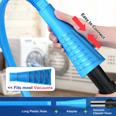 Two Piece Dryer Vent Cleaner Kit With Lint Vacuum Attachment and Lint Remover Brush shown in blue, connected to vacuum hose