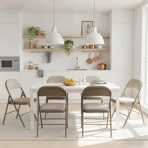 Dining area with Two Pack Folding Chairs With Comfy Padded Cushions And Back Support Fabric Stackable Portable Dining Chairs Around Table
