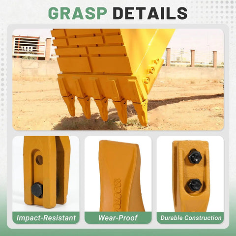 Close-up of five pack trenching bucket teeth showing bolt-on design and impact-resistant features for backhoe and skid steer