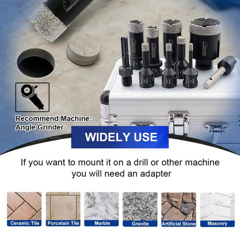 Diamond Core Drill Bit Kit For Porcelain Tile Ceramic Marble Brick Hole Saw Set Vacuum Brazed Cutter on display with case
