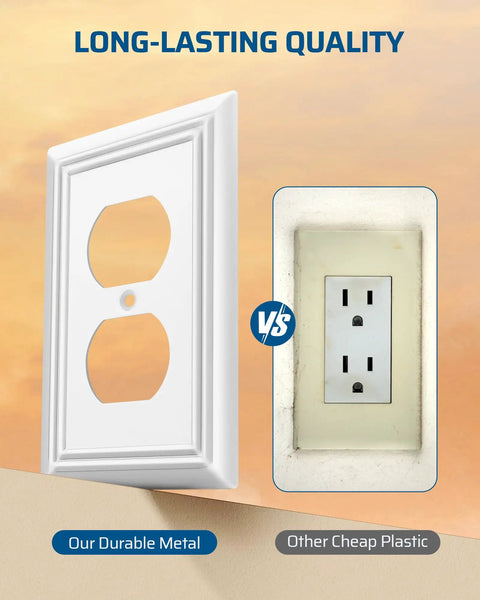Four Pack White Metal Outlet Covers With Retro Texture, Durable Wall Plates showing metal vs plastic durability comparison.
