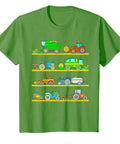 Green tee with colorful farm vehicles, tractors, combine harvester; Farm Vehicle Tee With Combine Harvester And Tractor Designs