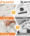 Comparison of plastic vs metal toilet seat screws: plastic with no rust or damage, metal rusty and cracking porcelain.