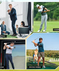 Collage of 5 In 1 Retractable Golf Swing Trainer With Arm Band For Right Or Left Handed Practice in different settings.