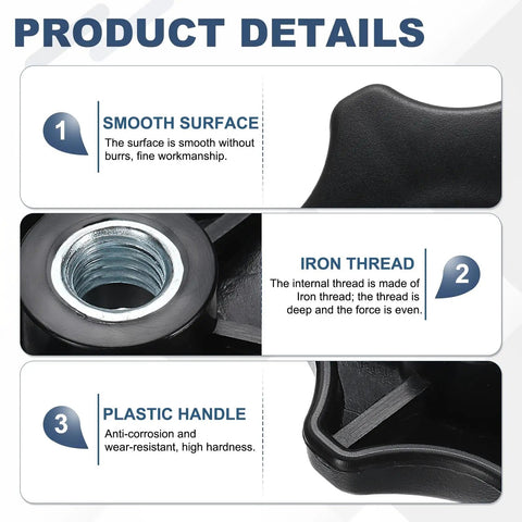 2 Pack Black Star Clamping Knob 5/8-11 Thread Fluted Grip Screw For Shop Jigs And Woodworking, showing smooth surface and iron thread construction.
