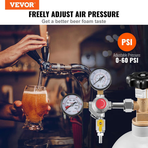 VEVOR double-gauge CO2 regulator for draft beer, 0-60 PSI, CGA320, with check valve and tank hookup