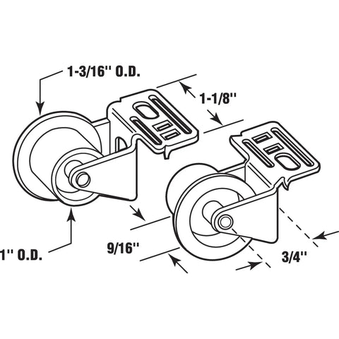 Kick Drag With One Inch Drawer Guide Roller Assembly Plastic Wheel Pair For Slick Cabinet Operation And Face Frame Protection No Sweat Fix Easy Swap Replacement Parts Two Pack side view illustration with dimensions