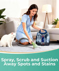 Woman using Little Green machine with Replacement 3 Inch Heavy Duty Grime Busting Stain Brush Head, cat on carpet