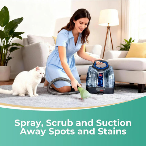 Woman using Little Green machine with Replacement 3 Inch Heavy Duty Grime Busting Stain Brush Head, cat on carpet