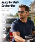 Kickass Impact Resistant Photochromic Polarized Safety Glasses Featuring Adaptive UV400 Lenses That Auto Adjust From Clear To Dark For Outdoor Sports And Daily Grind worn outdoors during yard work.