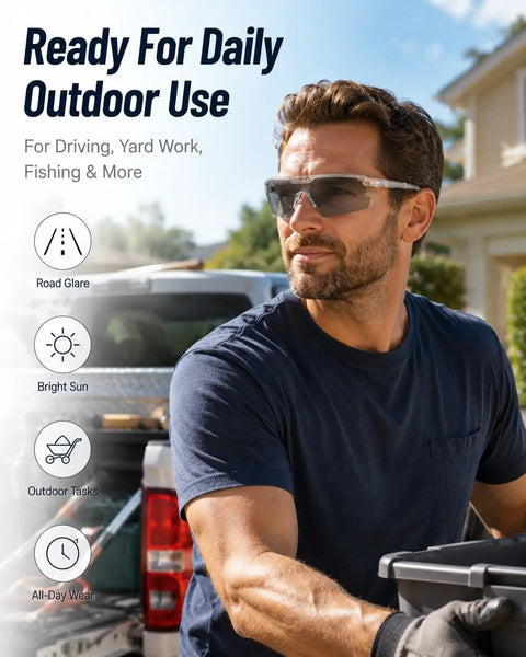 Kickass Impact Resistant Photochromic Polarized Safety Glasses Featuring Adaptive UV400 Lenses That Auto Adjust From Clear To Dark For Outdoor Sports And Daily Grind worn outdoors during yard work.