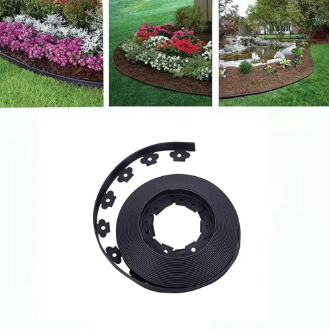 Durable 100Ft Landscape Edging Kit With 60 Spikes For Lawn And Garden Flexible Black 1.5 Inch Tall Border displayed in garden use