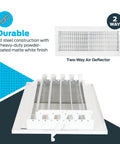 Heavy Duty 16 By 6 Inch Duct Opening Air Vent Cover For Wall Or Ceiling With Two Way Airflow Solid Steel HVAC Register White Finish Adjustable Dampers And Louvers For Custom Air Direction showing two-way air deflector