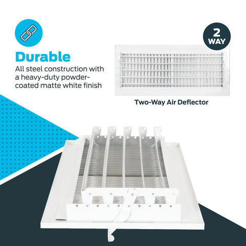 Heavy Duty 16 By 6 Inch Duct Opening Air Vent Cover For Wall Or Ceiling With Two Way Airflow Solid Steel HVAC Register White Finish Adjustable Dampers And Louvers For Custom Air Direction showing two-way air deflector