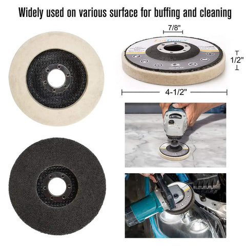 Image showing Grab And Go All In One Flap Disc Kit For Angle Grinder 4.5 Inch 11 Piece Grinding And Polishing Set in use on surfaces.