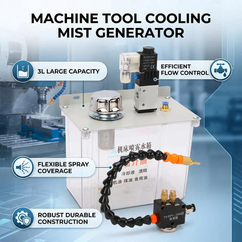 Heavy Duty Machine Tool Coolant Sprayer Featuring A Tough 3L Tank And Quick Solenoid Valve, showing mist generator with flexible spray coverage.